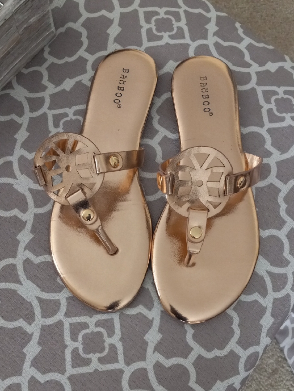 BAMBOO Metallic Rose Gold Circular Medallion Thong Sandals